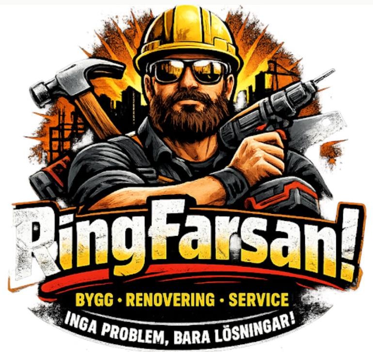 RingFarsan! – skäggig byggare i gul hjälm och solglasögon med hammare och borrmaskin. Bygg, renovering, service. Inga problem, bara lösningar!